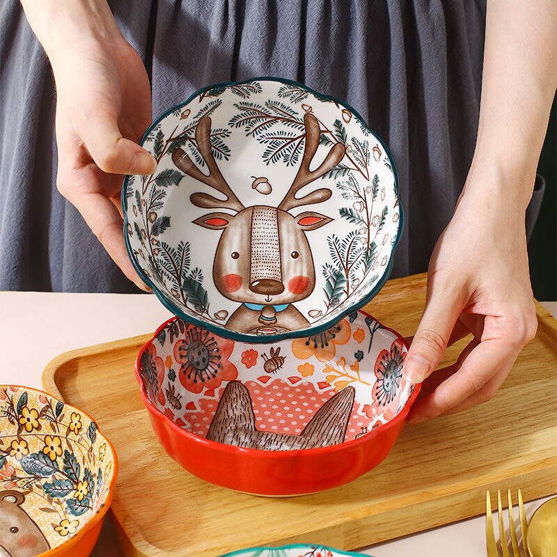 Ceramic Salad Bowl Forest Animal Porcelain Soup Bowls Children Kitcehn Rice Dessert Snack Mixing Bowl Kitchen Supplies