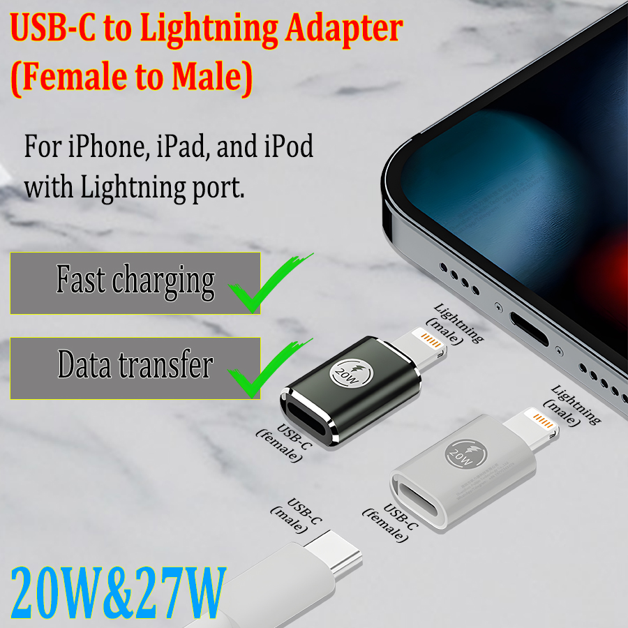 USB Type-C PD 20/27W charging data connector for iPhone, iPad, iPod, USB-C to Lightning adapter, female to male, multiple styles