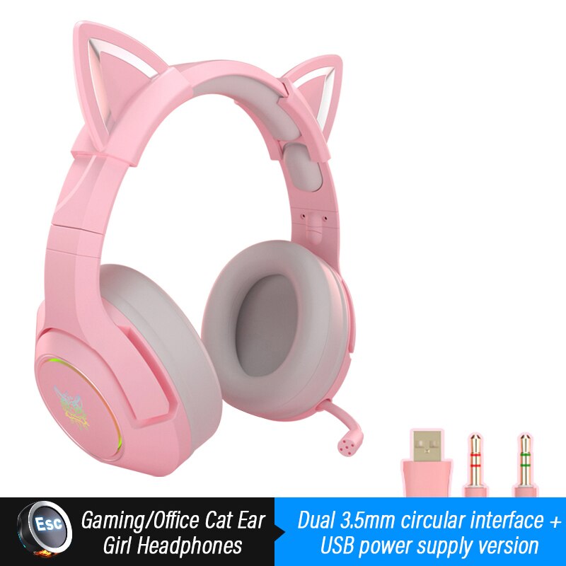 Gaming Headphones with Microphone Virtual 7.1 Noise Cancelling Pink Cat Ear Headset Vibration LED Light for PC Gamer Earphone: 001