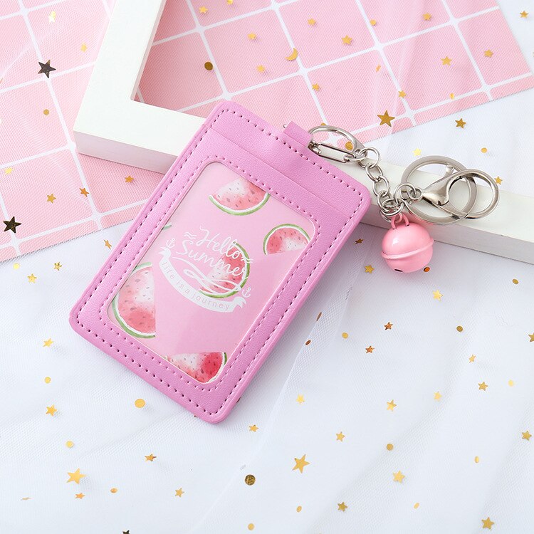 Pink Girl ID Card Holder PU Wallet With Small Bell Student Bus Card Set Cover Women Holder Bags Travel Accessories: watermelon