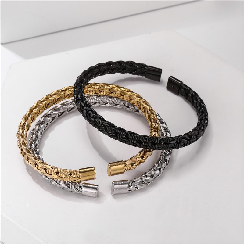 Stainless Steel Titanium Steel Braided Braided Steel Wire Open Bracelet Fine Men and Women Simple Geometric Round Fine Jewelry