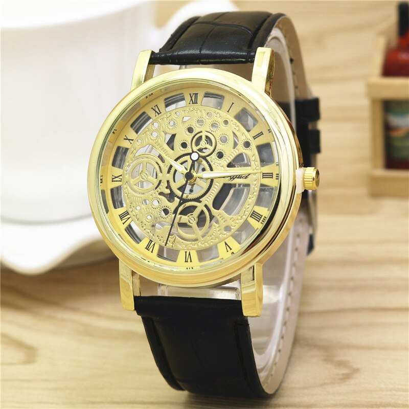 Lederen Quartz Vrouwen Horloge Hollow Out Horloge Casual Luxe Horloge Voor Vrouwen Novel Romeinse Cijfers Zegarek Damski: Black Gold