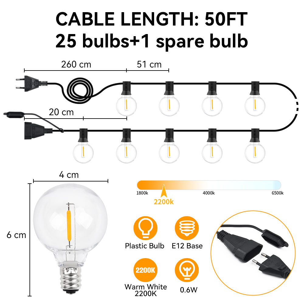 Guirnaldas de luces LED G40, guirnalda de luces IP44 para Patio, 15M, 30M, 36M, luces de jardín, luces decorativas para exteriores para boda