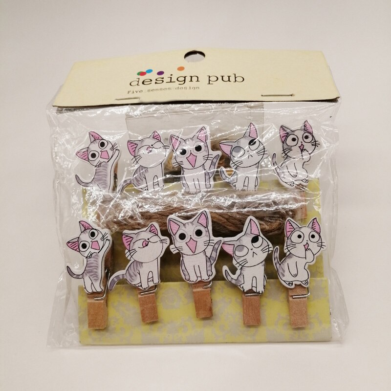10pcs/bags Clothes Clip Wooden Clips 35mm Decoration Craft Natural Pegs Mini Clothespin Wooden Clip for Clothes Hair Accessories: Cartoon cat