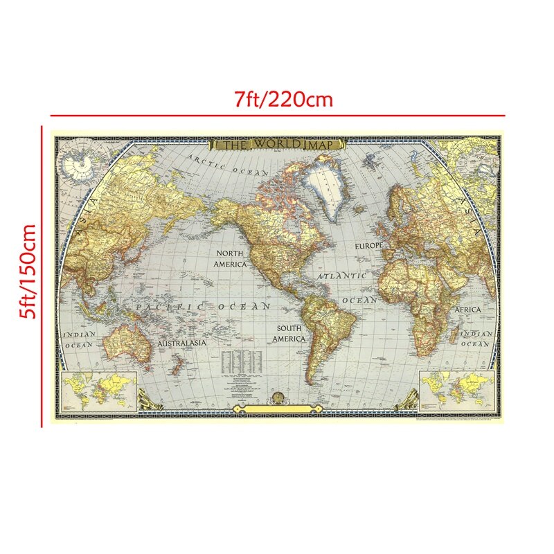 Mapa mundi vintage 1943 cm x 225 cm, arte para parede, pôster, pintura em tecido não tecido, decoração para sala de estar, casa, escritório, material escolar