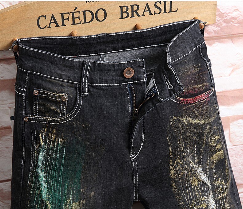 Pantalones cortos vaqueros con agujeros para hombre, Shorts elásticos negros, rectos, de algodón, Estilo de Calle Principal