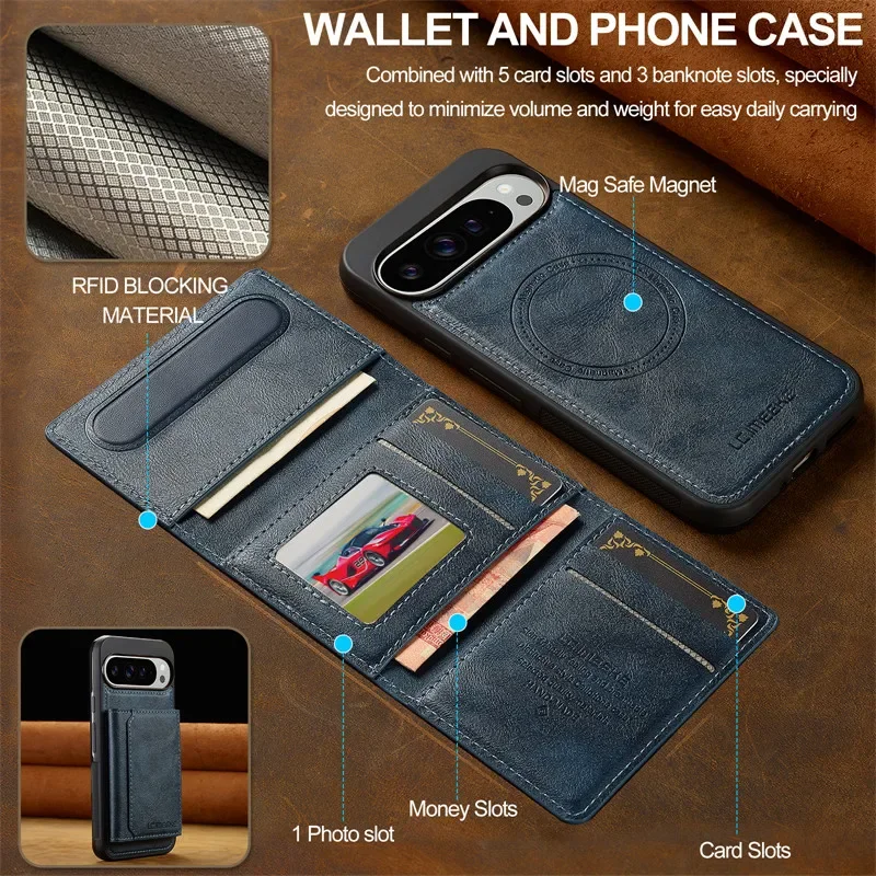 MagSafe Magnetic Flip Leather Phone Case for Google Pixel 9 Pro XL 8 7 8A 7A Detachable Wallet Card Pocket Back Cover Cpque Etui