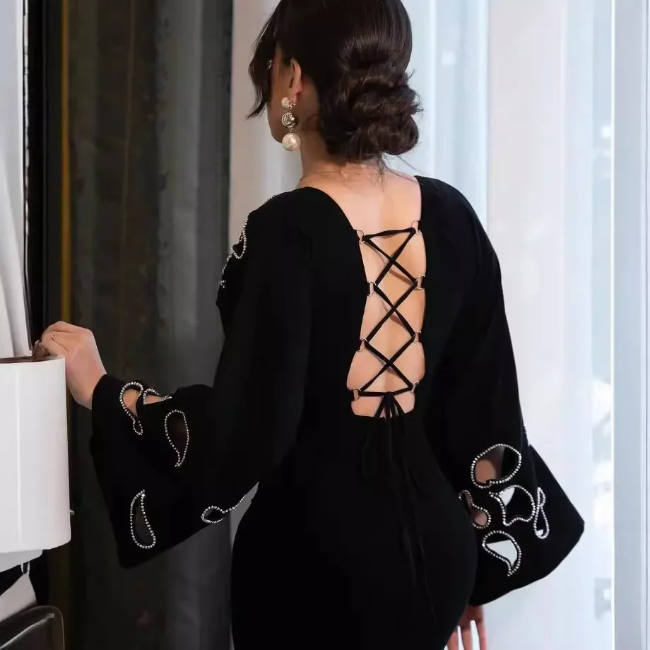 Vrouwen effen kleur mode uitgehold riem fishtail jurk sexy slanke avond lange jurk