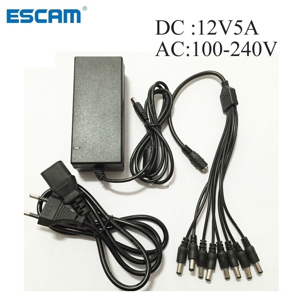 Dc 12v 5a strømforsyningsadapter  + 8 split strømkabel til cctv sikkerhedskamera dvr analog ahd tvi cvi kamera dvr systemer