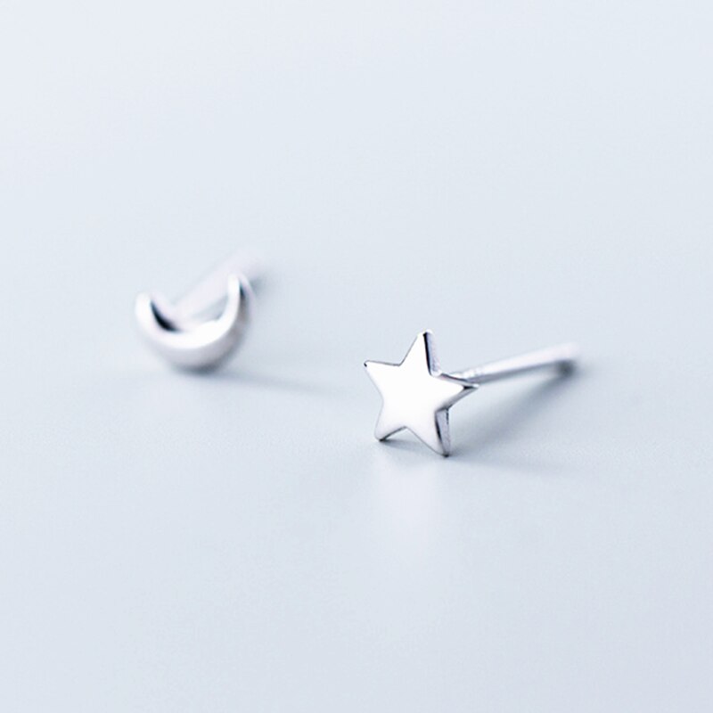 Stamp-pendientes de plata de ley 925 con forma de luna y estrella, joyería sencilla asimétrica, Mini, 5MM x 5MM, para niñas y niños