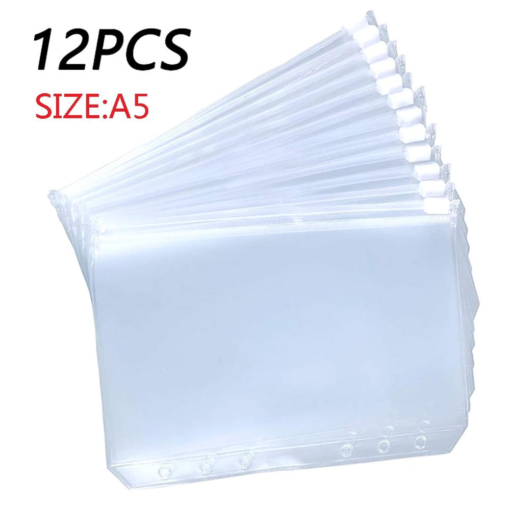 12PCS Binder Pockets A5 A6 A7 Binder Zipper Folders for 6-Ring Notebook Binder Transparent Loose Leaf Pouch Document Filing Bags: A5