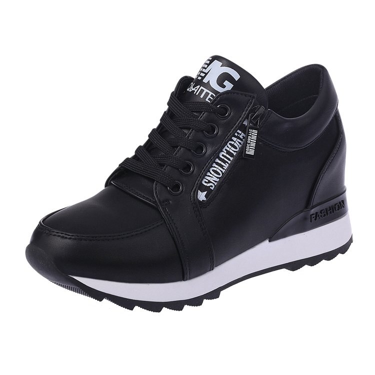Herfst zwart wit verborgen sleehak casual schoenen lente dames lift hoge hakken laarzen dames sneakers 6cm hakken: Zwart / 36