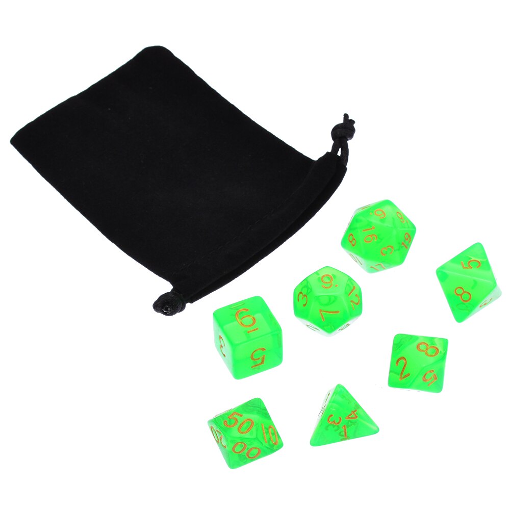 Style 7Pcs/set Green Translucent Polyhedral Dices Set For RPG DND Game Dice Set with Dice Bag