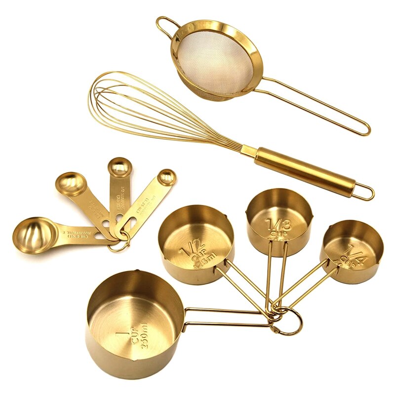 10 Piece Baking Tools Set Cooking and Baking Utensil Set Stainless Steel Measuring Cups Measuring Spoons Sets: Golden