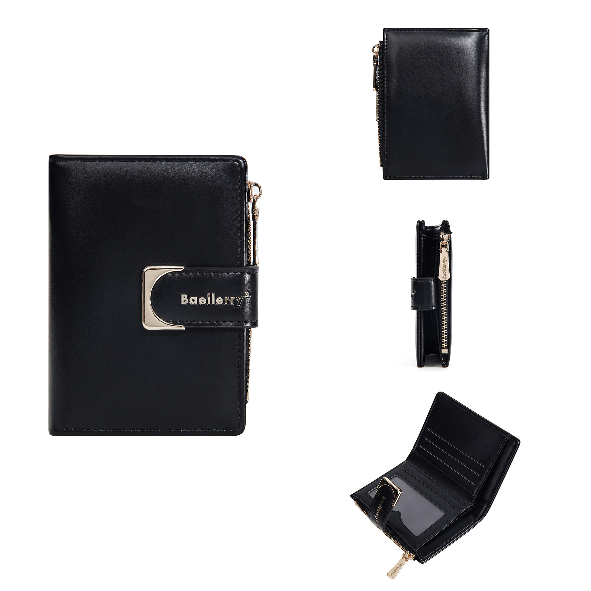 Damen-Geldbörse aus Leder, Damen-Geldbörsen, Kartenhalter, faltbar, tragbar, Damen-Geldbörsen: Black