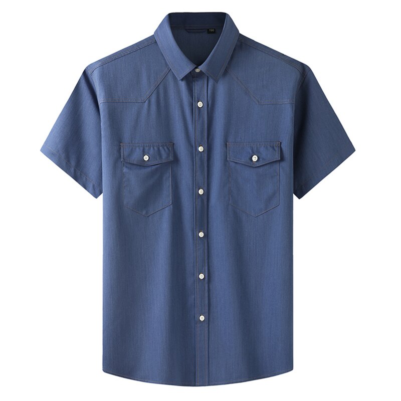 summer Plus large size XXL -10XL Men's stretch denim short sleeve shirt Business casual men's thin shirt: Navy blue / XXL