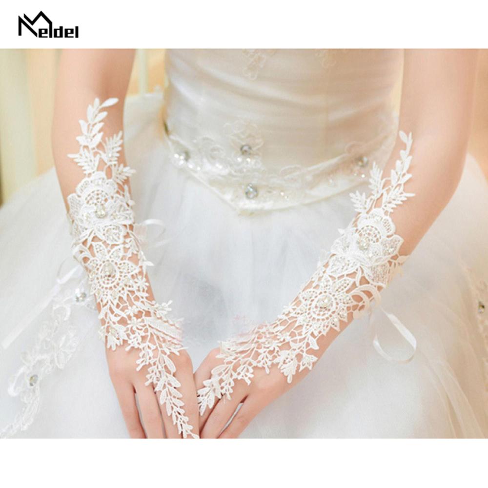 Elfenbein Spitze Braut Finger Handschuhe Frau Lange Hochzeit Handschuhe Kristall Hochzeit Zubehör für Bräute