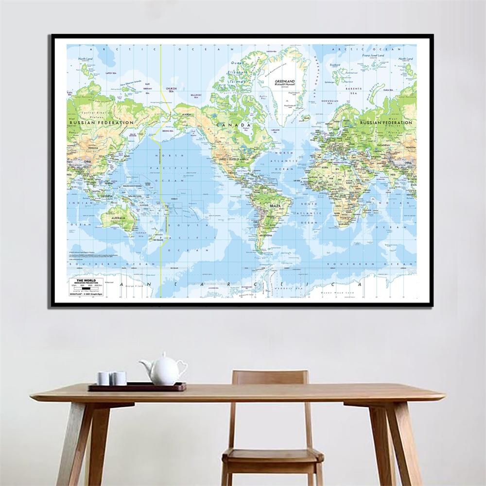 De Wereld Mercator Projectie 2001 Editie Wereld Canvas Kaart 60X90Cm Home Office Wall Decor Spuiten