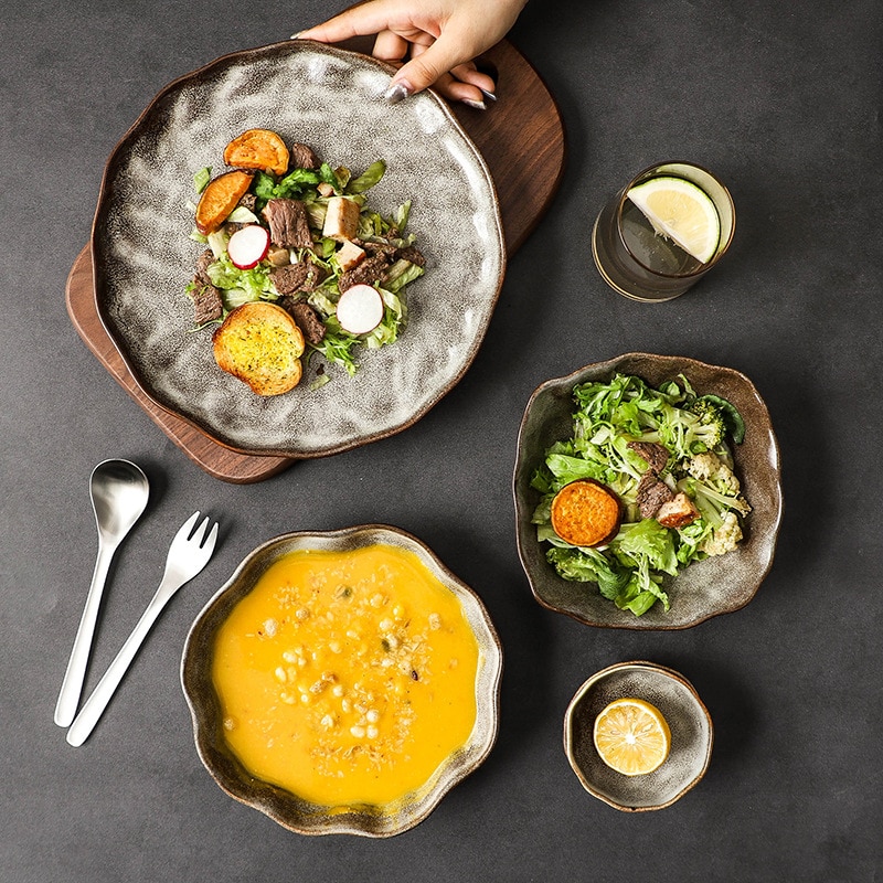 Ceramic Plates Set Dishes Bowl Tableware Vintage Japanese Style Cutlery Set Restaurant Dinnerware Set Home Plate Set