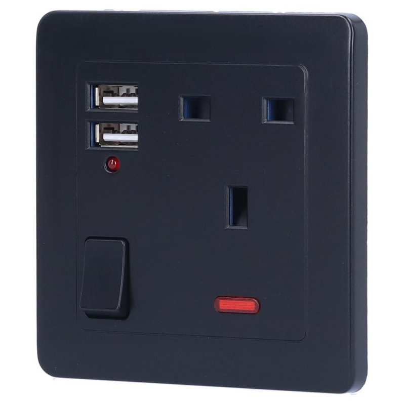 Wall Socket Multi-Functional Wall Power Outlet Socket with 2 USB Port 13A for Home Office UK Plug 250V Black
