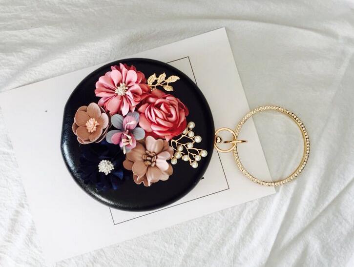 Round Evening bags Flower Ring handle bags Day Clutches Bride wedding party purse Luxury shoulder bags Casual Clutch: Black