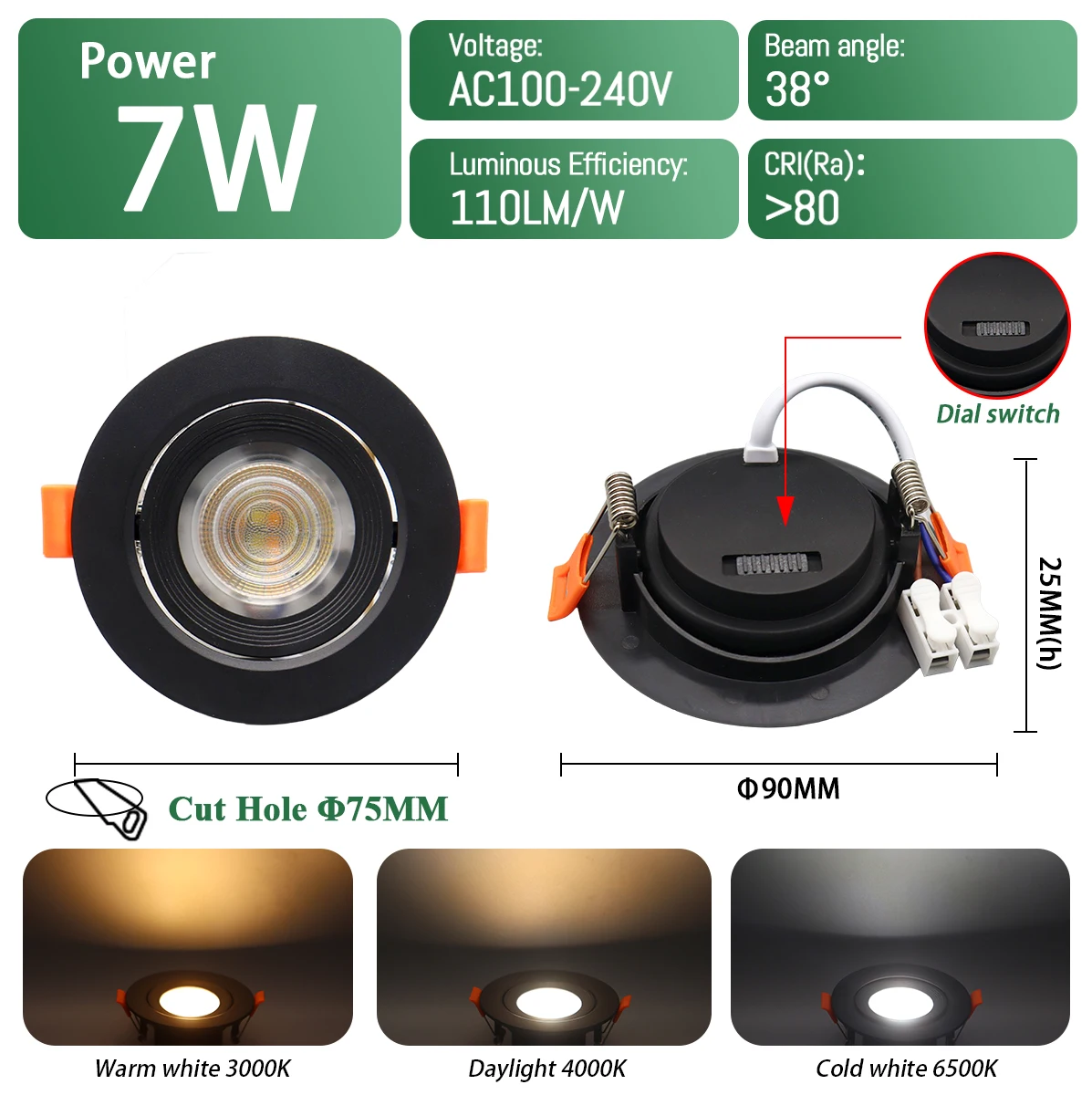 2 uds foco LED empotrable Dial Swich CCT luz de techo ajustada de 3 colores AC 120V 220V 3000K 4000K 6500K iluminación interior: Rojo
