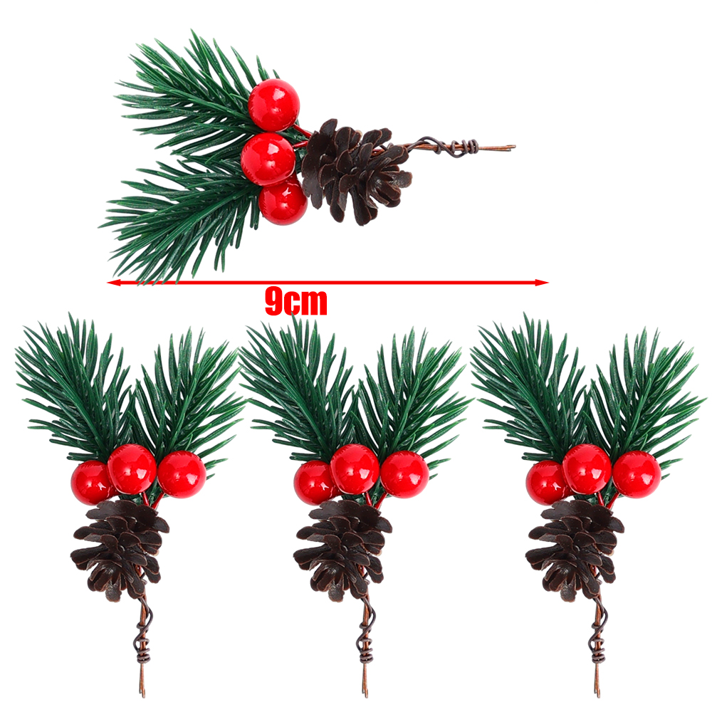 Artificial Pine Needle Berry Branch Pinecone Christmas Ornament DIY Xmas Tree Wreath Decorations Year Party Decors Supplies: L / Beige
