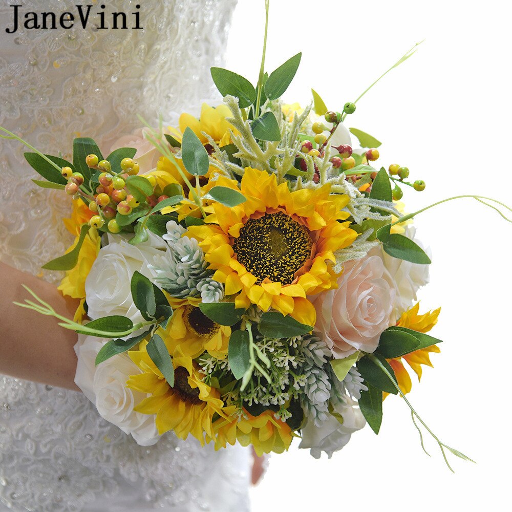 JaneVini – Bouquet de mariée tournesol jaune, fausses fleurs, feuilles vertes, roses artificielles, broches de mariée,