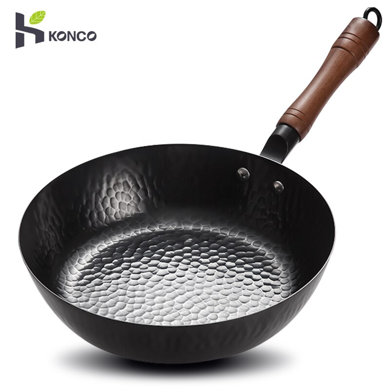 Konco Niet-Gecoat Gietijzeren Wok Non-stick Pan Rookloze Gebakken Pan Kok Potten Keuken Kookgerei Chef Pan koken Gereedschap