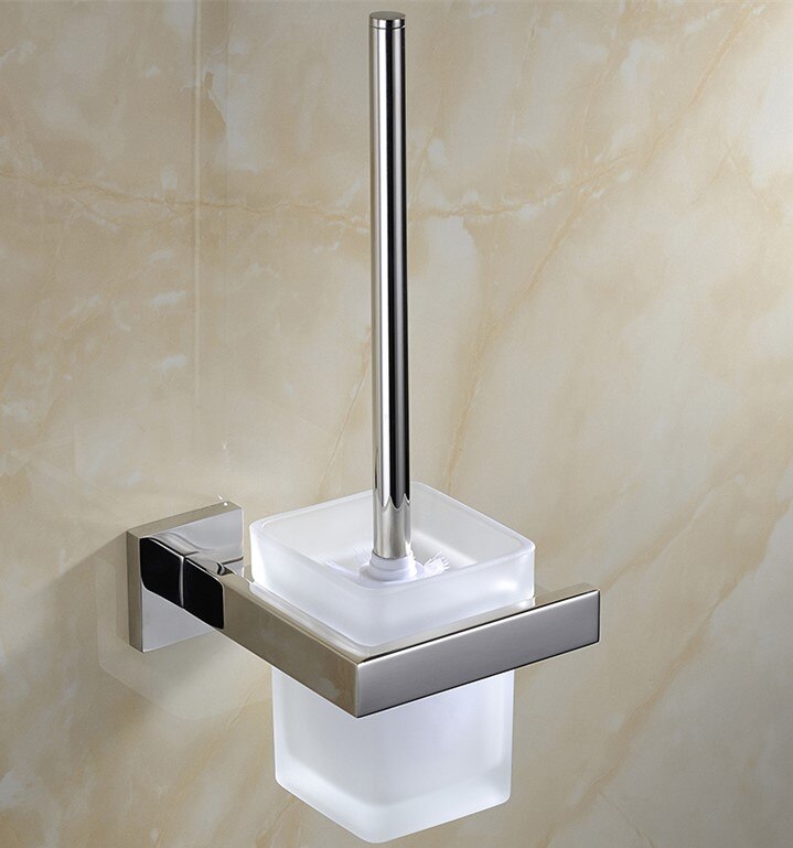 Moderne Wandmontage 304 Rvs Gepolijst Toiletborstel Houder met Glas Cup Badkamer Accessoires AU7-2: Polished Chrome
