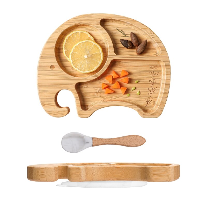 Vaisselle en bois de bambou, accessoires d&#39;alimentation pour bébé, assiette à dîner animaux de dessin animé éléphant avec ventouse, d&#39;anniversaire pour bébé 1 ensemble: marble