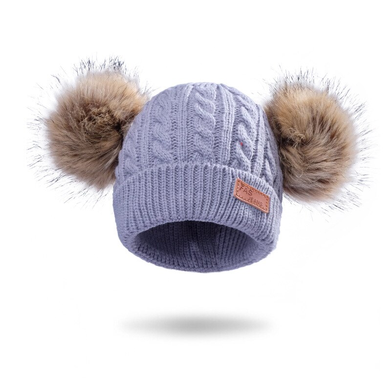 Pompom Fur Baby Knitted Beanie Hats Solid Color Baby Bonnet Hat Child Winter Boy Girl Thicken Warm Cap: gray