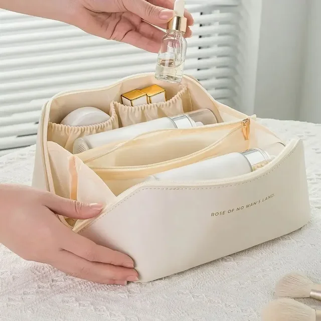 Organizador de maquillaje, kit de aseo femenino, estuche de maquillaje, bolsa de almacenamiento, caja de lujo para mujer, bolsa de cosméticos, bolsa organizadora para viaje con cremallera: BLANCO