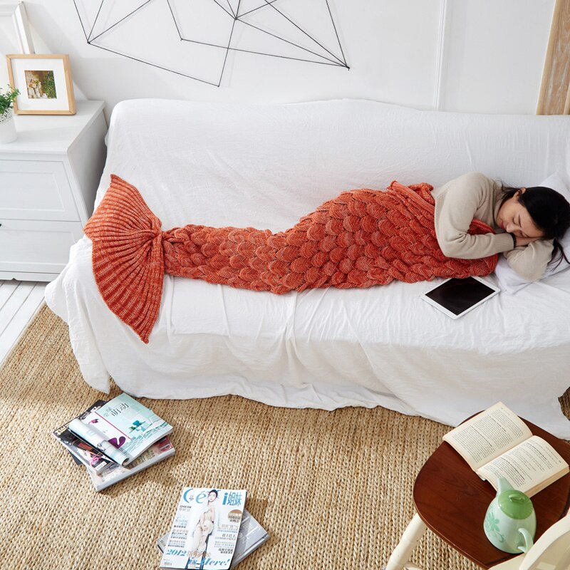 Nouveauté Crochet sirène queue couverture couleur unie écailles de poisson tricot à la main genou couverture douce couverture chaude couverture de noël