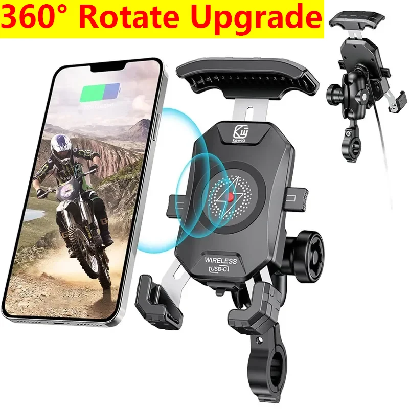 Motorcycle Wireless Phone Mount Fast Charger Stand 15W & USB C 3A Handlebar Anti Theft Motor Motorbike Holder For 4.0-7.0" phone