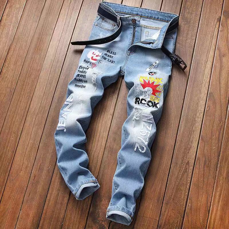 Light Stonewashed Full Length Stripe Regular Zipper Fly Embroidery Straight Mid Jean Biker Jeans Men