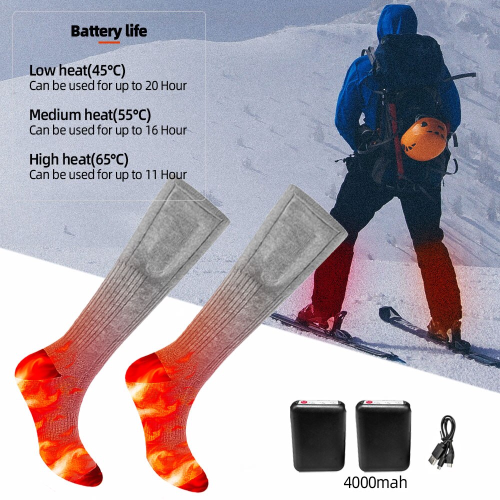 4000mAh Electric Heated Socks Boot Feet Warmer DC Rechargable Battery Warm Sock 3 Heat Level For Winter Skiing
