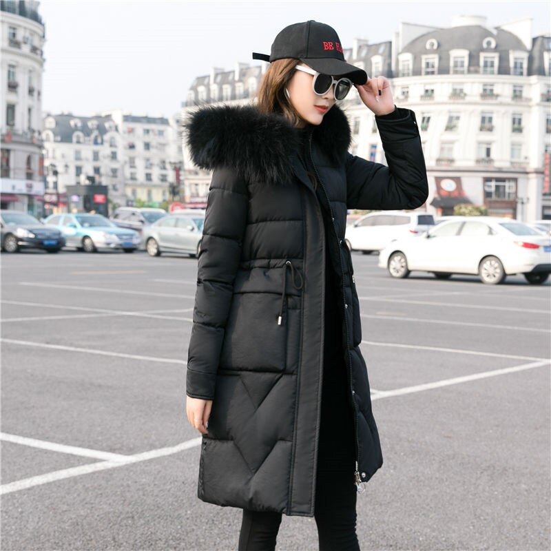 Winterjas voor dames met bontkraag, capuchon, lange jas, katoenen gewatteerde jassen, damesjas, warme bovenkleding, manteau femme hiver  p826: Zwart / Xl