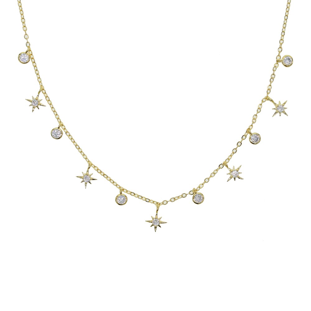 cz star charm choker necklace gold silver color trendy women jewelry: Gold-color