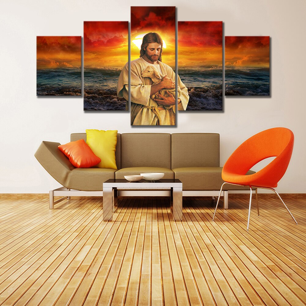 Casa decoração da lona 5 peças religioso jesus poster moderno impressão quadros de parede construção arte modular imagem para sala estar
