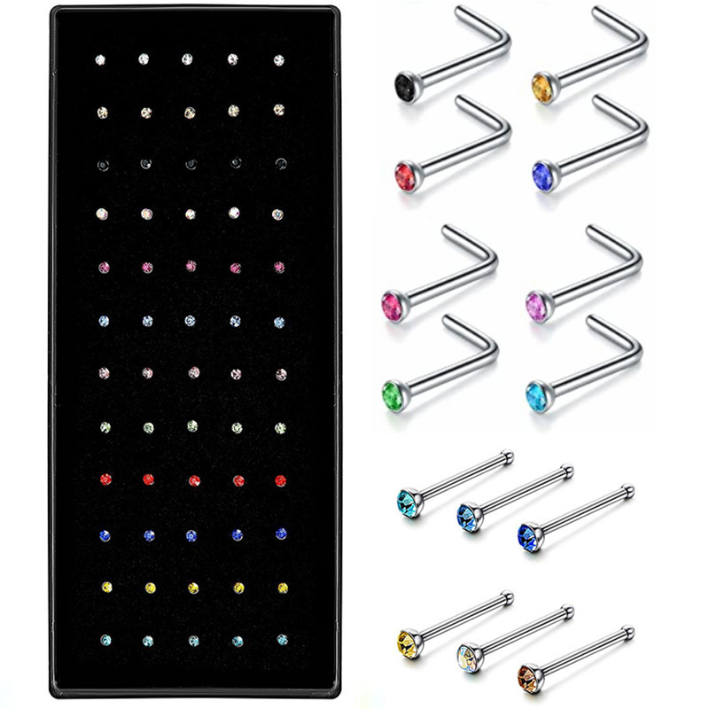 40/60 pezzi/set in acciaio inossidabile a forma di L naso Stud Pack 20G cristallo dritto Stud Nose Ring Set Nose Stud Lot Piercing Nariz Pin