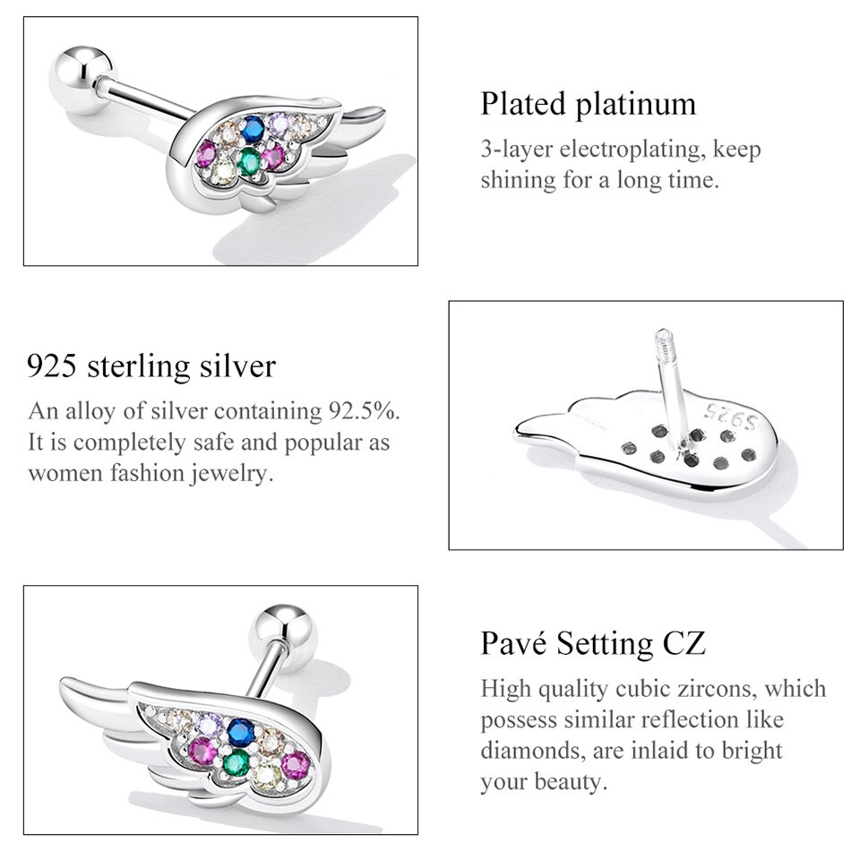 Wostu genuine 925 sterling silver angel wing stud earrings for women hollow rainbow zircon ear studs  s925 fine jewelry fie 1397