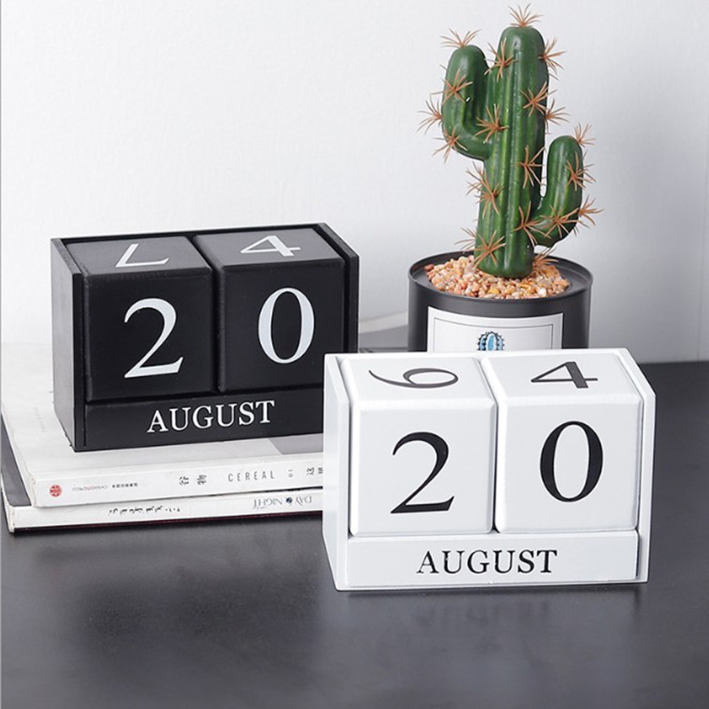 Træ evig kalender desktop blok træ kalender til hjemmekontor sort