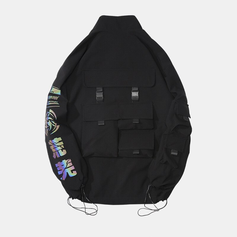 Techwear-chaquetas tipo Cargo con estampado reflectante para hombre, ropa de calle informal con múltiples bolsillos, prendas de vestir holgadas de estilo Harajuku, cortavientos de Hip Hop