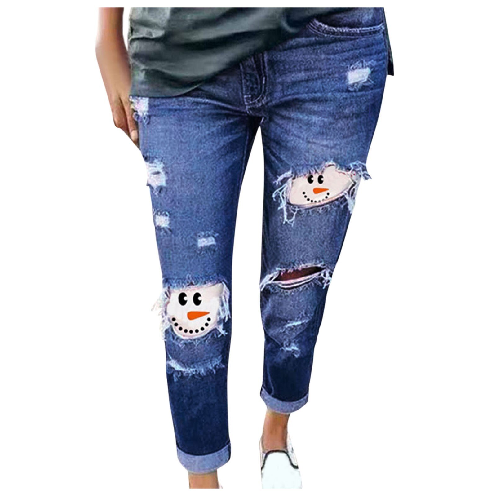 Pantalon femme grande taille jean bonhomme de neige imprimé déchiré jean pantalon en détresse cousu jean coupe crayon pantalon