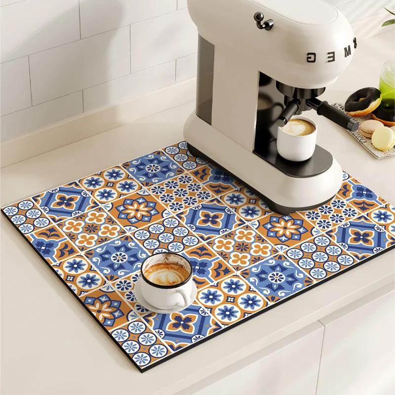 VIKAMA Kitchen Diatom Mud Mat Retro Coffee Machine Mat Waterproof Dish Drying Mats Quick Dry Drain Pad Draining Placemat: L / Ivory
