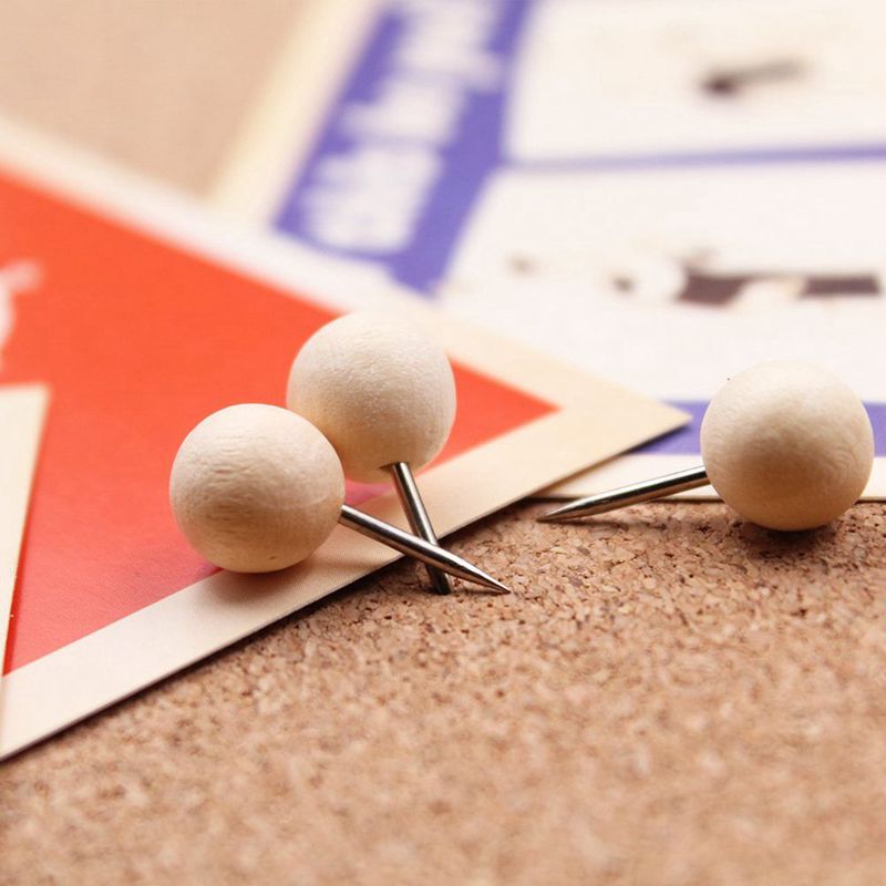 130pcs Round Wood Decorative Push Pins, Wood Head and Steel Needle Point Thumb Tacks for Photos, Maps and Cork Boards