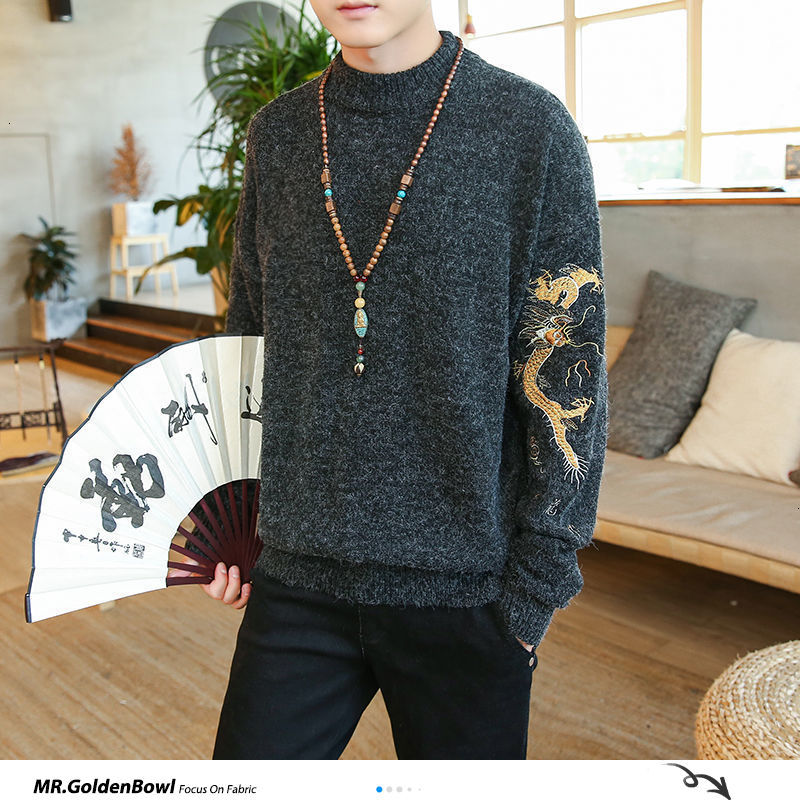 MrGoldenBowl automne hommes chandails Dragon chinois imprimé tricoté pulls grande taille homme pull ample hauts