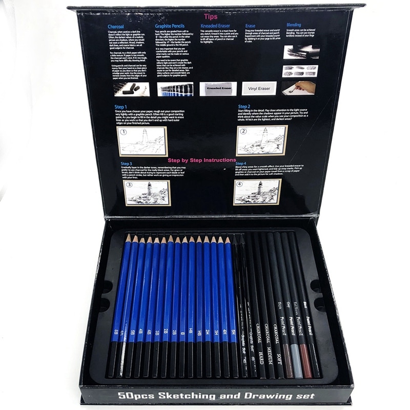 50Pcs Schetsen Potloden Set Professionele Tekening Hout Potlood Kit Voor Scholieren Schilderen Tool Art Supplies