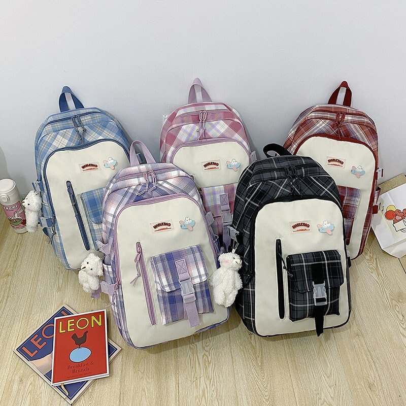 Mochila con patrón a cuadros de gran capacidad para estudiantes, bolso escolar Morado para chicas, mochila de viaje para el Campus